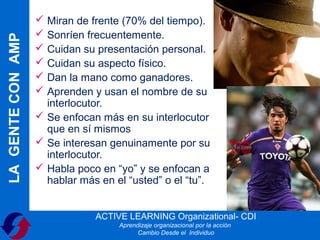  Miran de frente (70% del tiempo).
                    Sonríen frecuentemente.
LA GENTE CON AMP

                    Cuidan su presentación personal.
                    Cuidan su aspecto físico.
                    Dan la mano como ganadores.
                    Aprenden y usan el nombre de su
                     interlocutor.
                    Se enfocan más en su interlocutor
                     que en sí mismos
                    Se interesan genuinamente por su
                     interlocutor.
                    Habla poco en “yo” y se enfocan a
                     hablar más en el “usted” o el “tu”.


                               ACTIVE LEARNING Organizational- CDI
                                    Aprendizaje organizacional por la acción
                                          Cambio Desde el Individuo
 