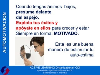 Cuando tengas ánimos bajos,
                 presume delante
AUTOMOTIVACION

                 del espejo.
                 Explota tus éxitos y
                 apóyate en ellos para crecer y estar
                 Siempre en forma, MOTIVADO.

                                          Esta es una buena
                                        manera de estimular tu
                                                  auto-estima

                       ACTIVE LEARNING Organizational- CDI
                            Aprendizaje organizacional por la acción
                                  Cambio Desde el Individuo
 