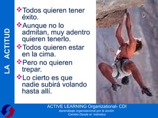 Todos quieren tener
              éxito.
             Aunque no lo
              admitan, muy adentro
LA ACTITUD



              quieren tenerlo.
             Todos quieren estar
              en la cima.
             Pero no quieren
              trepar.
             Lo cierto es que
              nadie subirá volando
              hasta allí.

                     ACTIVE LEARNING Organizational- CDI
                          Aprendizaje organizacional por la acción
                                Cambio Desde el Individuo
 