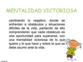 MENTALIDAD VICTORIOSA
cambiando lo negativo, donde se
enfrenten a obstáculos y situaciones
difíciles de la vida, partiendo de ello
comprenderán que cada obstáculo es
una oportunidad para superarse, con
una mentalidad victoriosa de lo que
quiere y lo que hace y sobre la que se
debe asumir ante la vida.
 