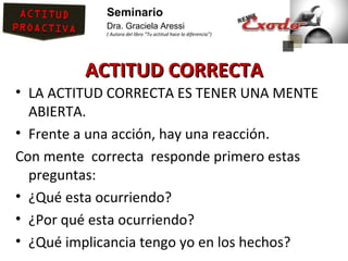 Seminario
            Dra. Graciela Aressi
            ( Autora del libro “Tu actitud hace la diferencia”)




         ACTITUD CORRECTA
• LA ACTITUD CORRECTA ES TENER UNA MENTE
  ABIERTA.
• Frente a una acción, hay una reacción.
Con mente correcta responde primero estas
  preguntas:
• ¿Qué esta ocurriendo?
• ¿Por qué esta ocurriendo?
• ¿Qué implicancia tengo yo en los hechos?
 