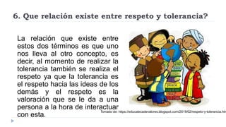 6. Que relación existe entre respeto y tolerancia?
La relación que existe entre
estos dos términos es que uno
nos lleva al otro concepto, es
decir, al momento de realizar la
tolerancia también se realiza el
respeto ya que la tolerancia es
el respeto hacia las ideas de los
demás y el respeto es la
valoración que se le da a una
persona a la hora de interactuar
con esta.
Tomado de: https://educatecadevalores.blogspot.com/2019/02/respeto-y-tolerancia.htm
 