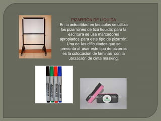 PIZARRÒN DE LÌQUIDA
En la actualidad en las aulas se utiliza
los pizarrones de tiza líquida; para la
escritura se usa marcadores
apropiados para este tipo de pizarrón.
Una de las dificultades que se
presenta al usar este tipo de pizarras
es la colocación de láminas con la
utilización de cinta masking.
 