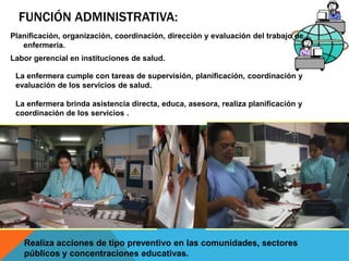 FUNCIÓN ADMINISTRATIVA:
Planificación, organización, coordinación, dirección y evaluación del trabajo de
enfermería.
Labor gerencial en instituciones de salud.
La enfermera cumple con tareas de supervisión, planificación, coordinación y
evaluación de los servicios de salud.
La enfermera brinda asistencia directa, educa, asesora, realiza planificación y
coordinación de los servicios .
Realiza acciones de tipo preventivo en las comunidades, sectores
públicos y concentraciones educativas.
 