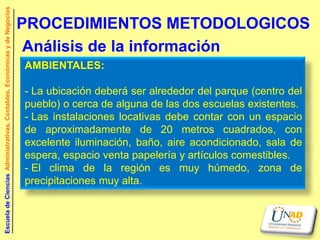 Escuela de Ciencias Administrativas, Contables, Económicas y de Negocios


                                                                           PROCEDIMIENTOS METODOLOGICOS
                                                                            Análisis de la información
                                                                           AMBIENTALES:

                                                                           - La ubicación deberá ser alrededor del parque (centro del
                                                                           pueblo) o cerca de alguna de las dos escuelas existentes.
                                                                           - Las instalaciones locativas debe contar con un espacio
                                                                           de aproximadamente de 20 metros cuadrados, con
                                                                           excelente iluminación, baño, aire acondicionado, sala de
                                                                           espera, espacio venta papelería y artículos comestibles.
                                                                           - El clima de la región es muy húmedo, zona de
                                                                           precipitaciones muy alta.
 
