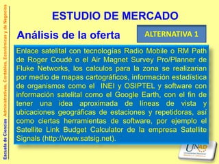 Escuela de Ciencias Administrativas, Contables, Económicas y de Negocios


                                                                                     ESTUDIO DE MERCADO
                                                                           Análisis de la oferta                 ALTERNATIVA 1
                                                                           Enlace satelital con tecnologías Radio Mobile o RM Path
                                                                           de Roger Coudé o el Air Magnet Survey Pro/Planner de
                                                                           Fluke Networks, los calculos para la zona se realizarian
                                                                           por medio de mapas cartográficos, información estadística
                                                                           de organismos como el INEI y OSIPTEL y software con
                                                                           información satelital como el Google Earth, con el fin de
                                                                           tener una idea aproximada de líneas de vista y
                                                                           ubicaciones geográficas de estaciones y repetidoras, así
                                                                           como ciertas herramientas de software, por ejemplo el
                                                                           Satellite Link Budget Calculator de la empresa Satellite
                                                                           Signals (http://www.satsig.net).
 