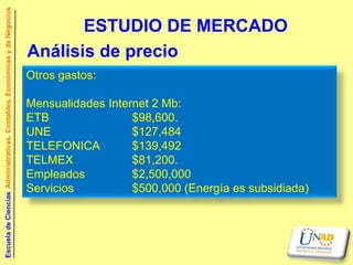 Escuela de Ciencias Administrativas, Contables, Económicas y de Negocios


                                                                                  ESTUDIO DE MERCADO
                                                                           Análisis de precio
                                                                           Otros gastos:

                                                                           Mensualidades Internet 2 Mb:
                                                                           ETB                $98,600.
                                                                           UNE                $127,484
                                                                           TELEFONICA         $139,492
                                                                           TELMEX             $81,200.
                                                                           Empleados          $2,500,000
                                                                           Servicios          $500,000 (Energía es subsidiada)
 