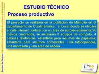 Escuela de Ciencias Administrativas, Contables, Económicas y de Negocios


                                                                                 ESTUDIO TÉCNICO
                                                                           Proceso productivo
                                                                           El proyecto se realizara en la población de Mambita en el
                                                                           departamento de Cundinamarca, el Local donde se ubicara
                                                                           el café internet contara con un área de aproximadamente 25
                                                                           metros cuadrados, se instalaran 8 equipos de computo, 4
                                                                           cabinas telefónicas, estantería para insumos de papelería,
                                                                           estantería para insumos comestibles, una fotocopiadora,
                                                                           una impresora y una área de espera .
 