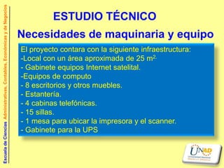 Escuela de Ciencias Administrativas, Contables, Económicas y de Negocios


                                                                                     ESTUDIO TÉCNICO
                                                                           Necesidades de maquinaria y equipo
                                                                           El proyecto contara con la siguiente infraestructura:
                                                                           -Local con un área aproximada de 25 m2.
                                                                           - Gabinete equipos Internet satelital.
                                                                           -Equipos de computo
                                                                           - 8 escritorios y otros muebles.
                                                                           - Estantería.
                                                                           - 4 cabinas telefónicas.
                                                                           - 15 sillas.
                                                                           - 1 mesa para ubicar la impresora y el scanner.
                                                                           - Gabinete para la UPS
 