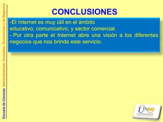 Escuela de Ciencias Administrativas, Contables, Económicas y de Negocios


                                                                                            CONCLUSIONES
                                                                           -El Internet es muy útil en el ámbito
                                                                           educativo, comunicativo, y sector comercial.
                                                                           - Por otra parte el Internet abre una visión a los diferentes
                                                                           negocios que nos brinda este servicio.
 