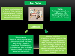 Gasto Público
Es el total de gastos realizados
por el sector público, tanto en la
adquisición de bienes y servicios
como en la prestación de
subsidios y transferencias.
Clasificación
Desarrollo Social:
Educación, Salud, Seguridad Social,
Urbanización, Vivienda, Desarrollo
Regional, Agua Potable y
Alcantarillado, Asistencia Social, y
Superación de la Pobreza, estos se
pueden considerar como un gasto
público real o de consumo.
Desarrollo Económico:
Infraestructura, Energía, Comunicaciones
y Transportes, Desarrollo agropecuario y
forestal, Temas laborales, empresariales,
Ciencia y Tecnología, Promoción de la
capacitación y el empleo, Impulso
competitivo empresarial, estos se pueden
considerar como un gasto real o de
inversión.
Efectos:
Medidas destinadas a lograr
modificaciones en la
distribución de los ingresos
entre los diferentes sectores.
 