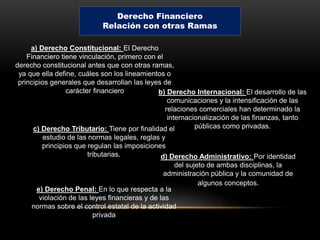 Derecho Financiero
Relación con otras Ramas
a) Derecho Constitucional: El Derecho
Financiero tiene vinculación, primero con el
derecho constitucional antes que con otras ramas,
ya que ella define, cuáles son los lineamientos o
principios generales que desarrollan las leyes de
carácter financiero b) Derecho Internacional: El desarrollo de las
comunicaciones y la intensificación de las
relaciones comerciales han determinado la
internacionalización de las finanzas, tanto
públicas como privadas.c) Derecho Tributario: Tiene por finalidad el
estudio de las normas legales, reglas y
principios que regulan las imposiciones
tributarias. d) Derecho Administrativo: Por identidad
del sujeto de ambas disciplinas, la
administración pública y la comunidad de
algunos conceptos.
e) Derecho Penal: En lo que respecta a la
violación de las leyes financieras y de las
normas sobre el control estatal de la actividad
privada
 