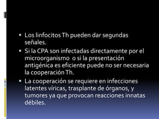  Los linfocitosTh pueden dar segundas
señales.
 Si la CPA son infectadas directamente por el
microorganismo o si la presentación
antigénica es eficiente puede no ser necesaria
la cooperaciónTh.
 La cooperación se requiere en infecciones
latentes víricas, trasplante de órganos, y
tumores ya que provocan reacciones innatas
débiles.
 