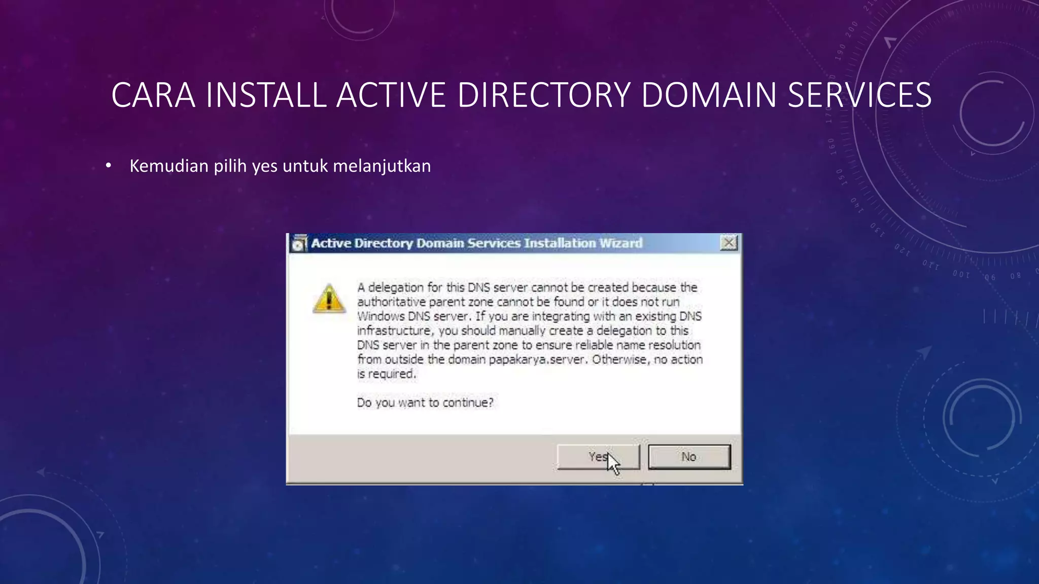 CARA INSTALL ACTIVE DIRECTORY DOMAIN SERVICES
• Kemudian pilih yes untuk melanjutkan
 
