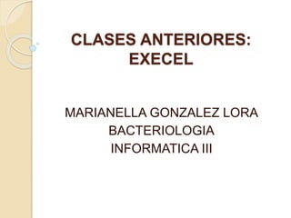 CLASES ANTERIORES:
EXECEL
MARIANELLA GONZALEZ LORA
BACTERIOLOGIA
INFORMATICA III
 