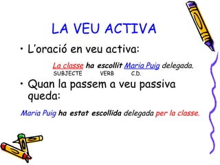 LA VEU ACTIVA L’oració en veu activa: La classe   ha escollit   Maria Puig  delegada. Quan la passem a veu passiva queda: Maria Puig   ha estat escollida  delegada  per la classe. SUBJECTE C.D. VERB 