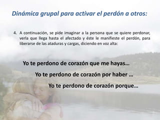 Dinámica grupal para activar el perdón a otros:

4. A continuación, se pide imaginar a la persona que se quiere perdonar,
   verla que llega hasta el afectado y éste le manifieste el perdón, para
   liberarse de las ataduras y cargas, diciendo en voz alta:



    Yo te perdono de corazón que me hayas…
           Yo te perdono de corazón por haber …
                  Yo te perdono de corazón porque…
 
