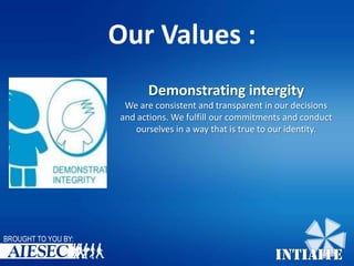 Our Values :
Demonstrating intergity
We are consistent and transparent in our decisions
and actions. We fulfill our commitments and conduct
ourselves in a way that is true to our identity.

BROUGHT TO YOU BY:

INTIAITE

 