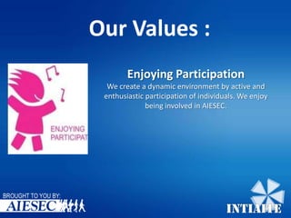 Our Values :
Enjoying Participation
We create a dynamic environment by active and
enthusiastic participation of individuals. We enjoy
being involved in AIESEC.

BROUGHT TO YOU BY:

INTIAITE

 