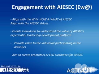 Engagement with AIESEC (Ew@)
- Align with the WHY, HOW & WHAT of AIESEC
Align with the AIESEC Values

- Enable individuals to understand the value of AIESEC’s
experiential leadership development platform
- Provide value to the individual participating in the
activities
- Aim to create promoters or ELD customers for AIESEC

BROUGHT TO YOU BY:

 