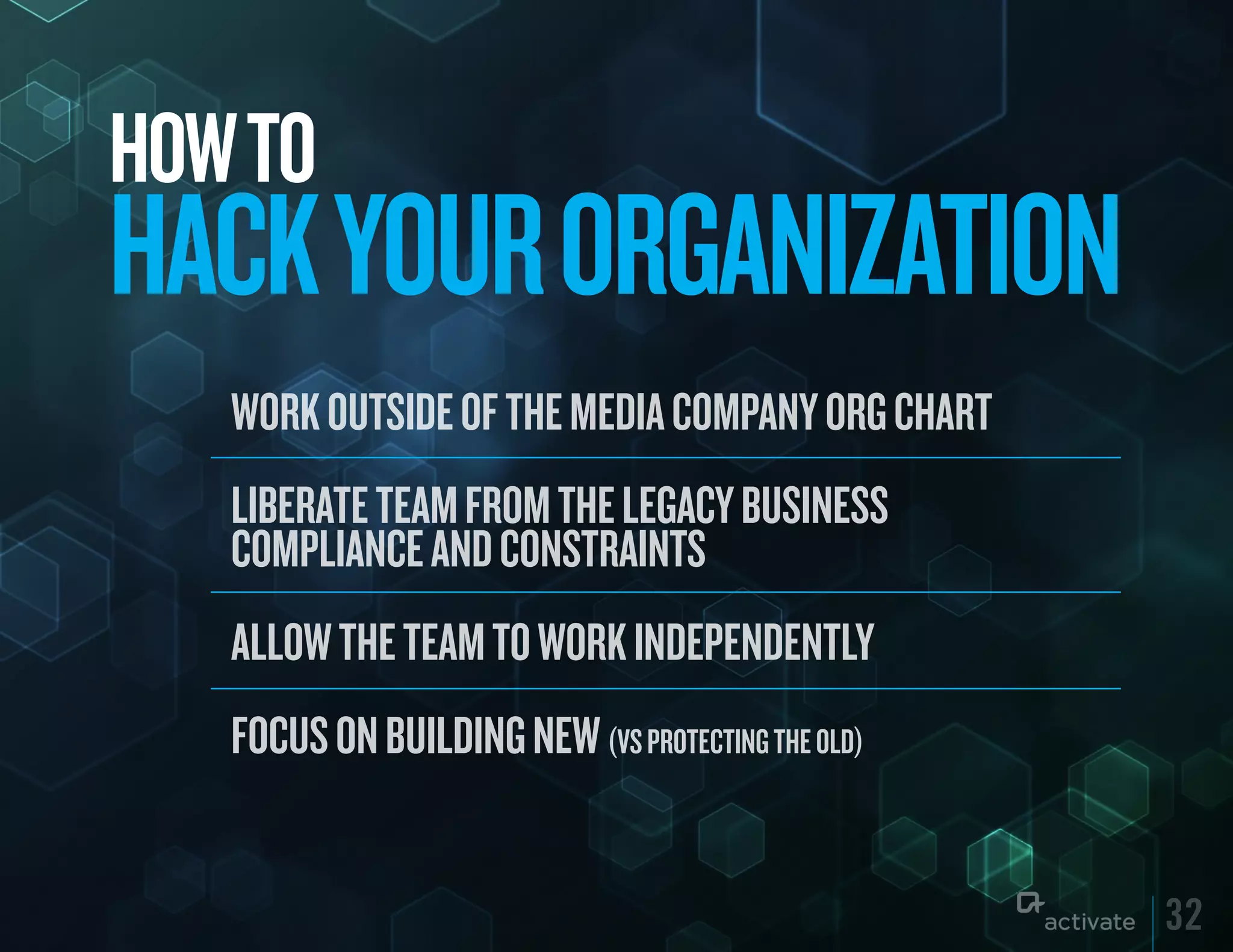 HOW TO
HACk yOuR ORGANIzATION
   Work outside of the media company org chart
   Liberate team from the Legacy business
   compLiance and constraints
   aLLoW the team to Work independentLy
   focus on buiLding neW (vs protecting the oLd)


                                                   32
 