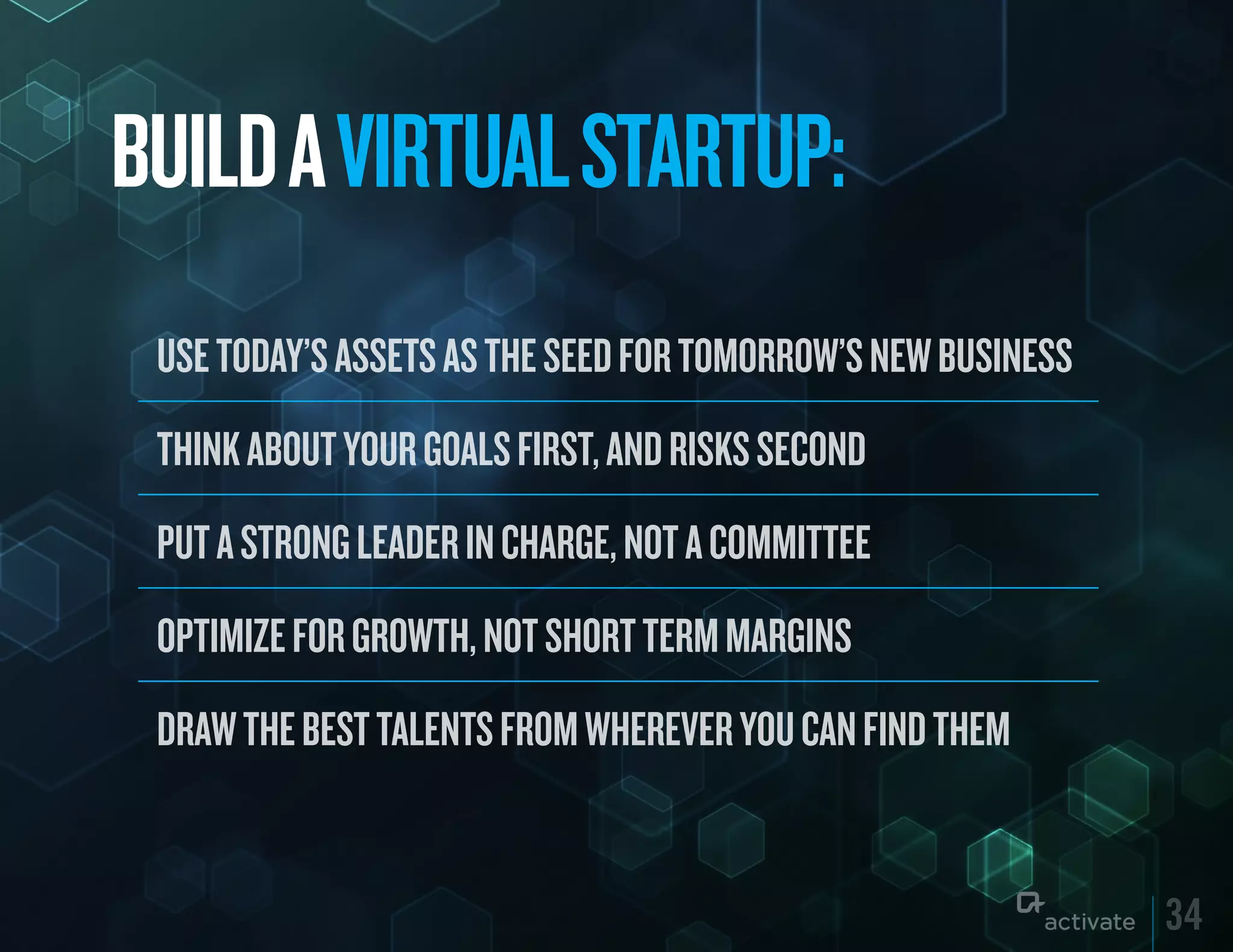 BuILD A VIRTuAL STARTuP:
 USE TODAY’S ASSETS AS THE SEED FOR TOMORROW’S NEW BUSINESS
 THINK ABOUT YOUR GOALS FIRST, AND RISKS SECOND
 PUT A STRONG LEADER IN CHARGE, NOT A COMMITTEE
 OPTIMIZE FOR GROWTH, NOT SHORT TERM MARGINS
 DRAW THE BEST TALENTS FROM WHEREVER YOU CAN FIND THEM


                                                              34
 