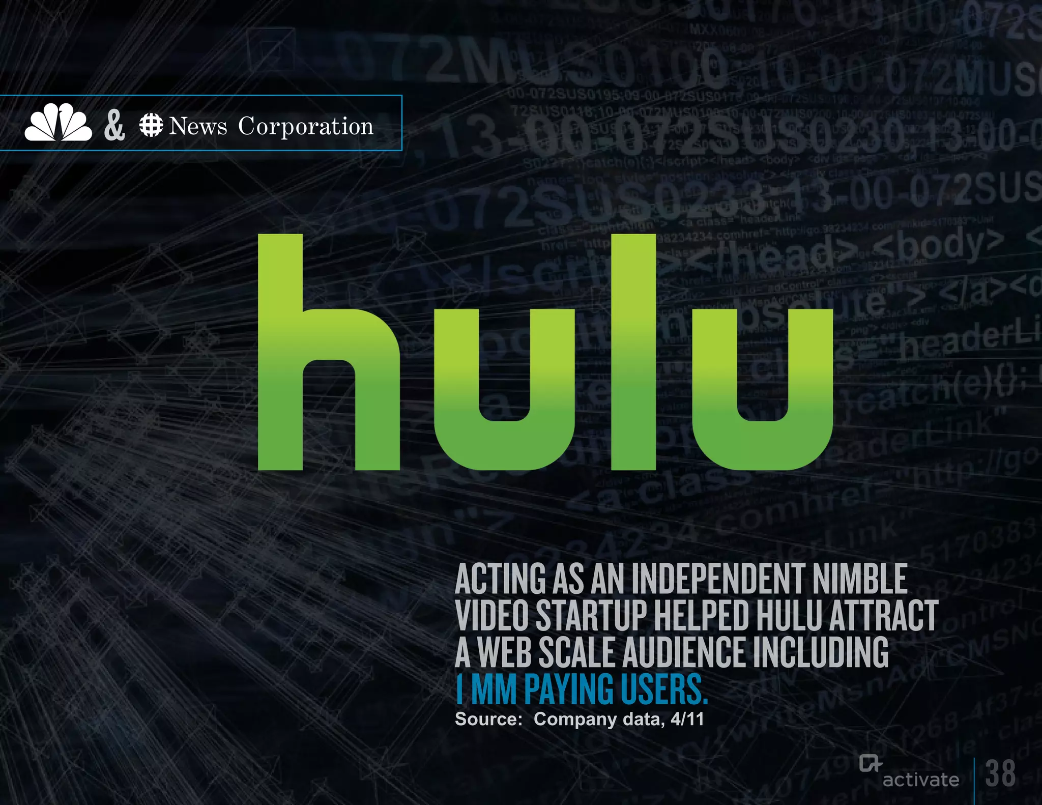 &




    ACTING AS AN INDEPENDENT NIMBLE
    VIDEO STARTUP HELPED HULU ATTRACT
    A WEB SCALE AUDIENCE INCLUDING
    1 MM PAyING USERS.
    Source: Company data, 4/11


                                        38
 