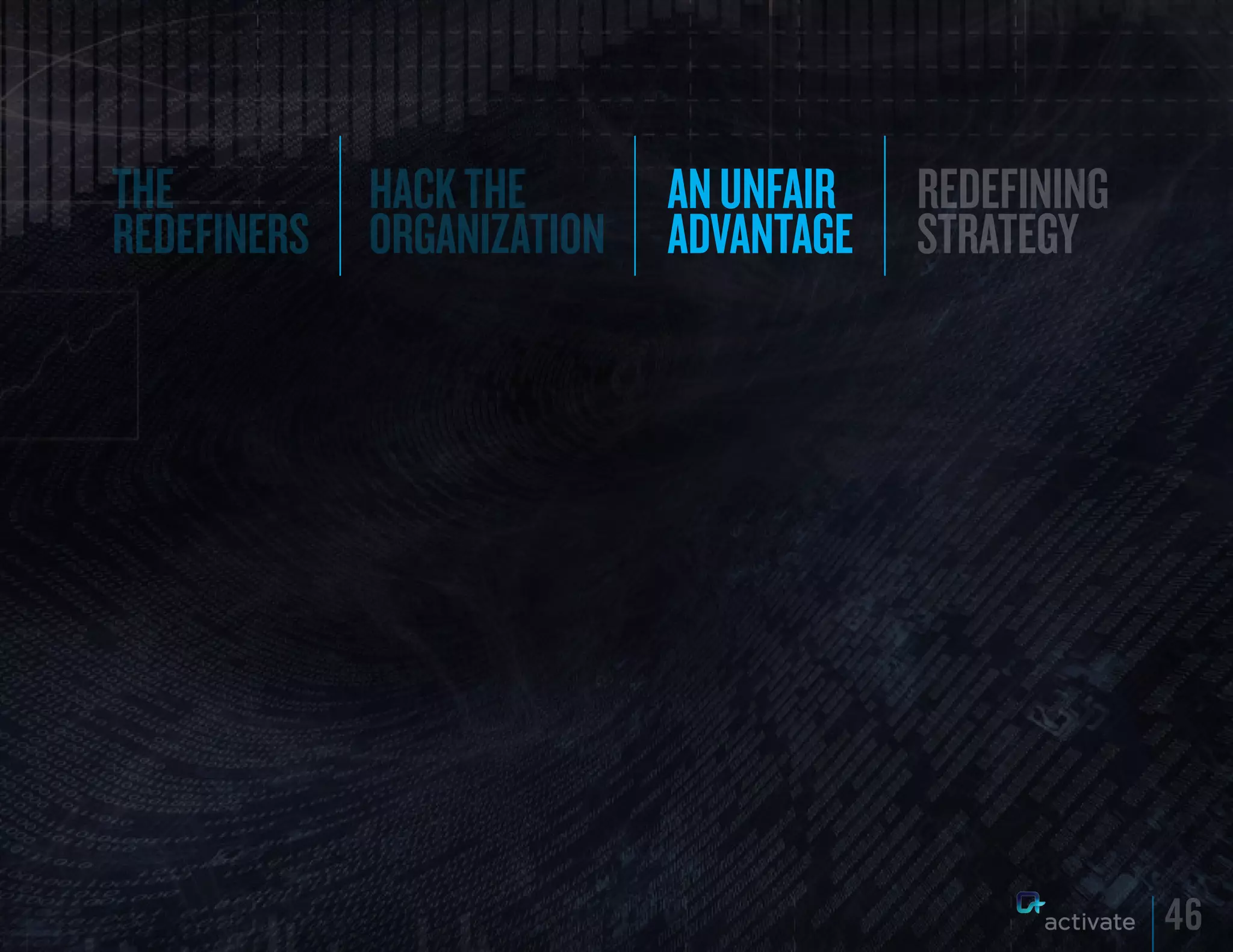 the          hack the       AN uNFAIR   REDEFINING
redefiners   organization   ADVANTAGE   STRATEGY




                                                     46
 
