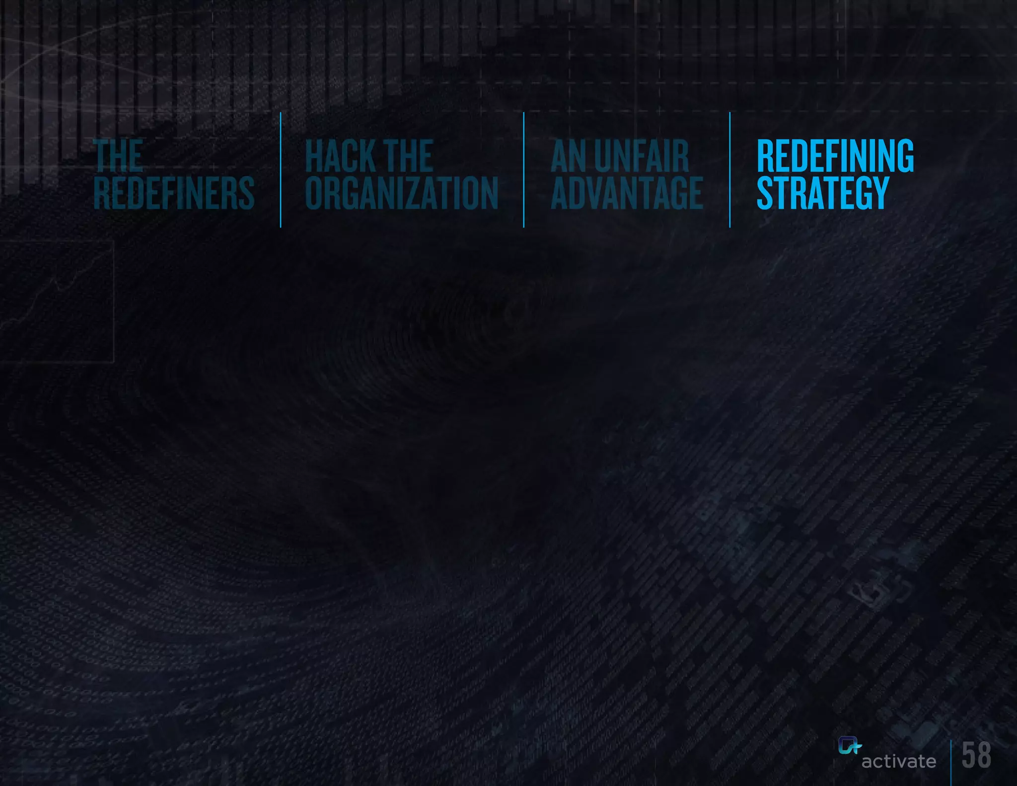 the          hack the       AN UNFAIR   REDEFINING
redefiners   organization   ADVANTAGE   STRATEGy




                                                     58
 