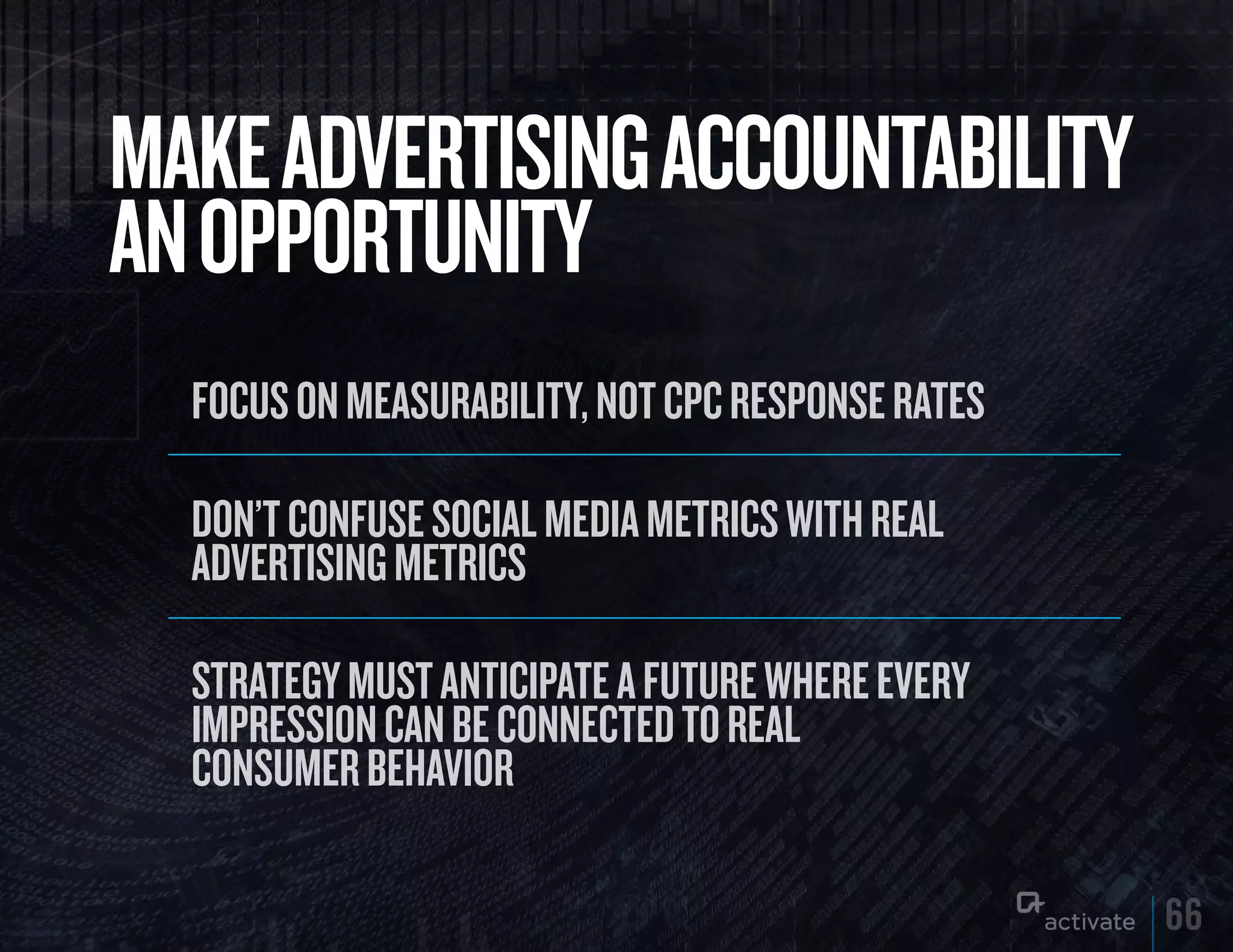 MAkE ADVERTISING ACCOuNTABILITy
AN OPPORTuNITy
  Focus on measurability, not cPc resPonse rates

  Don’t conFuse social meDia metrics with real
  aDvertising metrics

  strategy must anticiPate a Future where every
  imPression can be connecteD to real
  consumer behavior

                                                   66
 