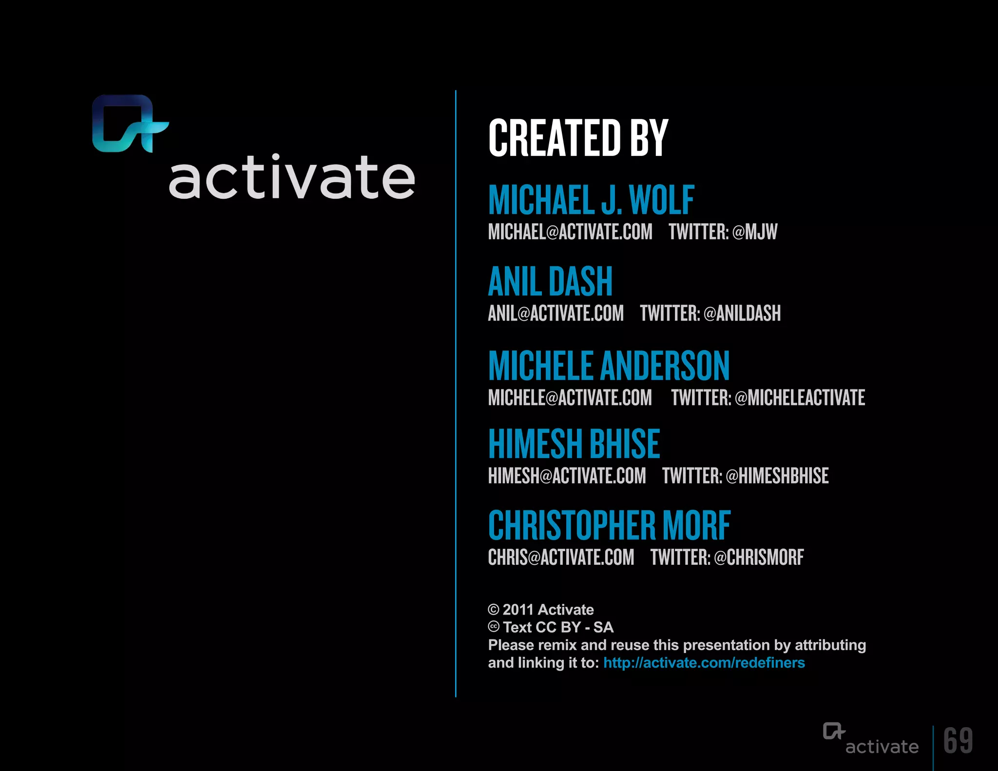 CREATED By
Michael J. Wolf
Michael@activate.coM tWitteR: @MJW

anil Dash
anil@activate.coM tWitteR: @anilDash

Michele anDeRson
Michele@activate.coM tWitteR: @Micheleactivate

hiMesh Bhise
hiMesh@activate.coM tWitteR: @hiMeshBhise

chRistopheR MoRf
chRis@activate.coM tWitteR: @chRisMoRf

© 2011 Activate
  Text CC BY - SA
Please remix and reuse this presentation by attributing
and linking it to: http://activate.com/redefiners




                                                          69
 