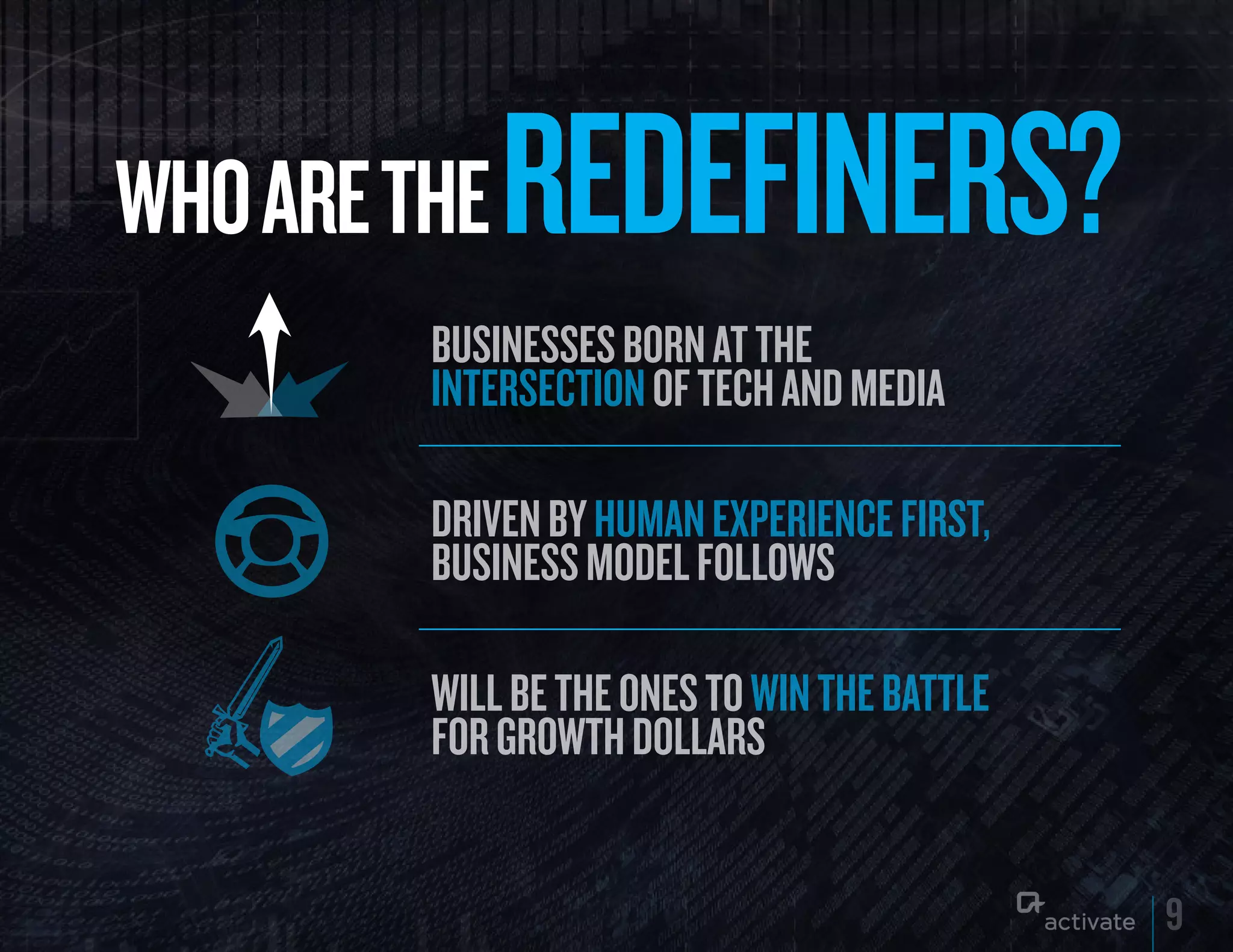 WHO ARE THE   REDEFINERS?
         Businesses Born at the
         intersection of tech and media

         driven By human experience first,
         Business model follows

         will Be the ones to win the Battle
         for growth dollars


                                              9
 