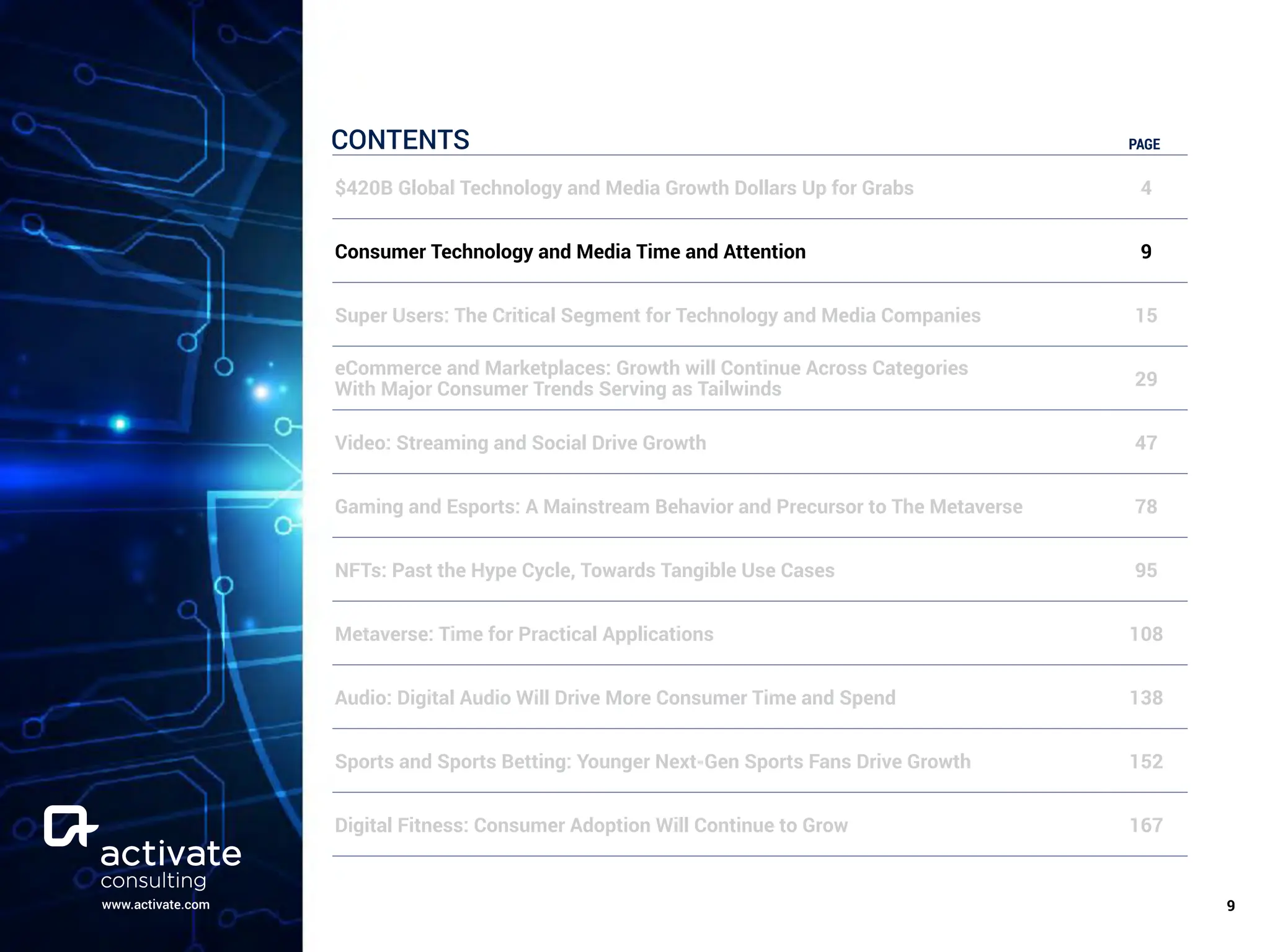 www.activate.com ￼
9
CONTENTS PAGE
$420B Global Technology and Media Growth Dollars Up for Grabs 4
Consumer Technology and Media Time and Attention 9
Super Users: The Critical Segment for Technology and Media Companies 15
eCommerce and Marketplaces: Growth will Continue Across Categories
With Major Consumer Trends Serving as Tailwinds 29
Video: Streaming and Social Drive Growth 47
Gaming and Esports: A Mainstream Behavior and Precursor to The Metaverse 78
NFTs: Past the Hype Cycle, Towards Tangible Use Cases 95
Metaverse: Time for Practical Applications 108
Audio: Digital Audio Will Drive More Consumer Time and Spend 138
Sports and Sports Betting: Younger Next-Gen Sports Fans Drive Growth 152
Digital Fitness: Consumer Adoption Will Continue to Grow 167
 