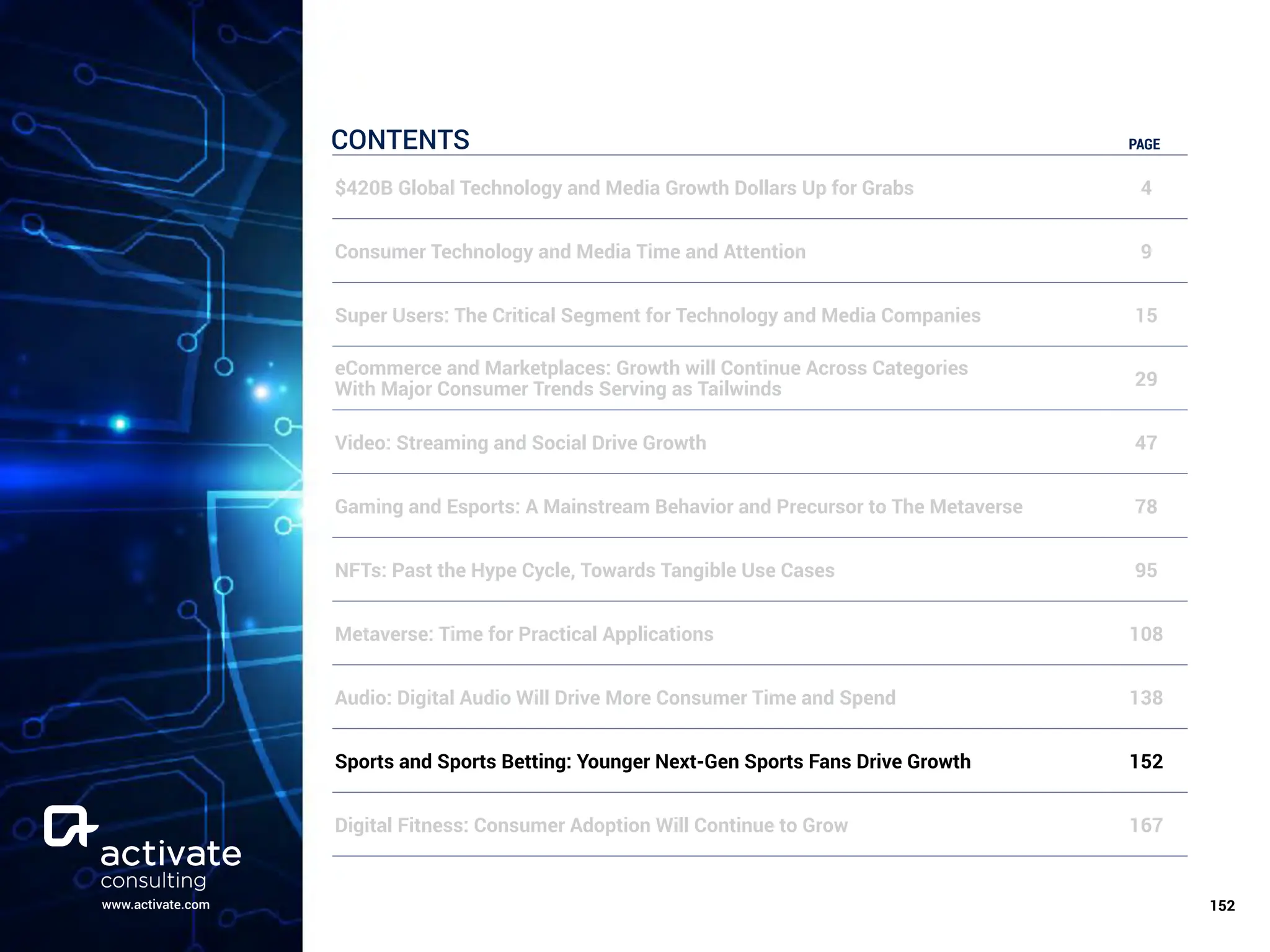 www.activate.com ￼
152
CONTENTS PAGE
$420B Global Technology and Media Growth Dollars Up for Grabs 4
Consumer Technology and Media Time and Attention 9
Super Users: The Critical Segment for Technology and Media Companies 15
eCommerce and Marketplaces: Growth will Continue Across Categories
With Major Consumer Trends Serving as Tailwinds 29
Video: Streaming and Social Drive Growth 47
Gaming and Esports: A Mainstream Behavior and Precursor to The Metaverse 78
NFTs: Past the Hype Cycle, Towards Tangible Use Cases 95
Metaverse: Time for Practical Applications 108
Audio: Digital Audio Will Drive More Consumer Time and Spend 138
Sports and Sports Betting: Younger Next-Gen Sports Fans Drive Growth 152
Digital Fitness: Consumer Adoption Will Continue to Grow 167
 