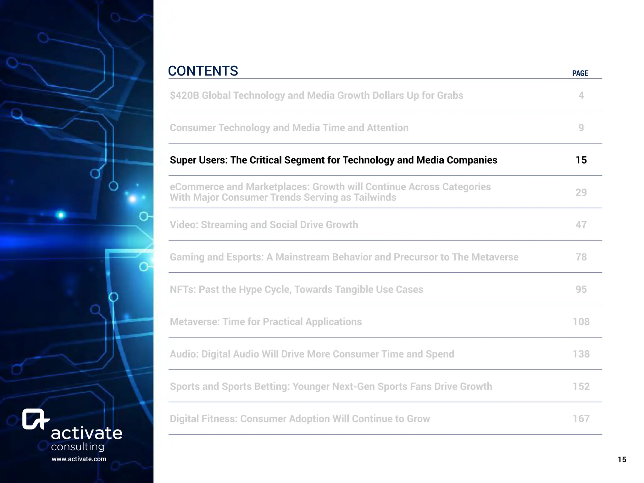 www.activate.com ￼
15
CONTENTS PAGE
$420B Global Technology and Media Growth Dollars Up for Grabs 4
Consumer Technology and Media Time and Attention 9
Super Users: The Critical Segment for Technology and Media Companies 15
eCommerce and Marketplaces: Growth will Continue Across Categories
With Major Consumer Trends Serving as Tailwinds 29
Video: Streaming and Social Drive Growth 47
Gaming and Esports: A Mainstream Behavior and Precursor to The Metaverse 78
NFTs: Past the Hype Cycle, Towards Tangible Use Cases 95
Metaverse: Time for Practical Applications 108
Audio: Digital Audio Will Drive More Consumer Time and Spend 138
Sports and Sports Betting: Younger Next-Gen Sports Fans Drive Growth 152
Digital Fitness: Consumer Adoption Will Continue to Grow 167
 