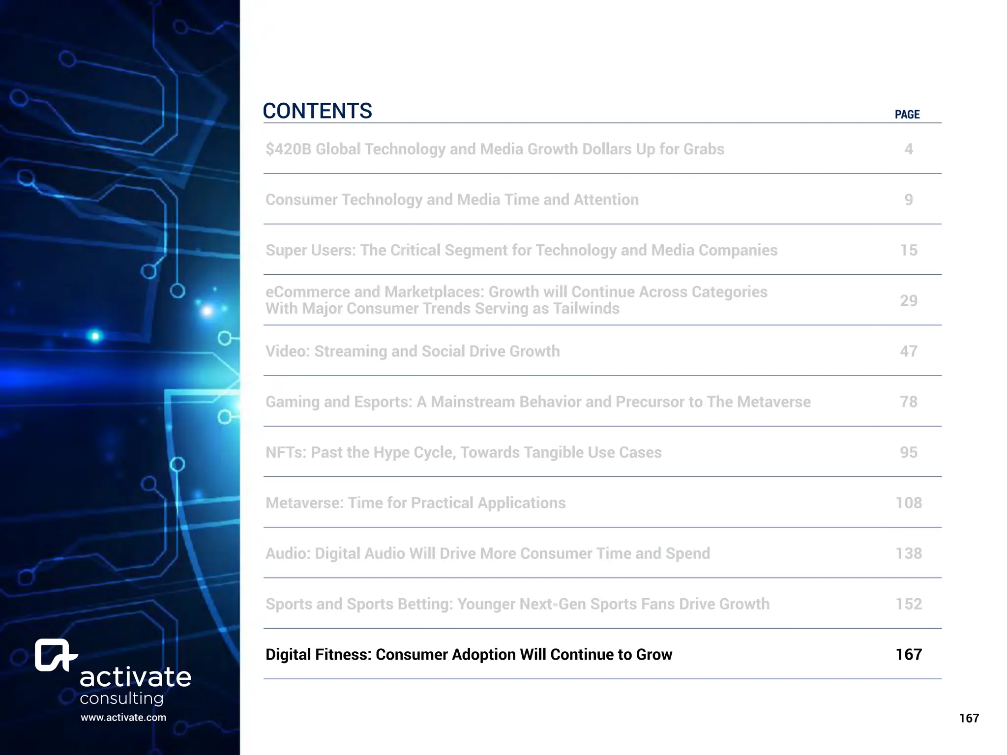 www.activate.com ￼
167
CONTENTS PAGE
$420B Global Technology and Media Growth Dollars Up for Grabs 4
Consumer Technology and Media Time and Attention 9
Super Users: The Critical Segment for Technology and Media Companies 15
eCommerce and Marketplaces: Growth will Continue Across Categories
With Major Consumer Trends Serving as Tailwinds 29
Video: Streaming and Social Drive Growth 47
Gaming and Esports: A Mainstream Behavior and Precursor to The Metaverse 78
NFTs: Past the Hype Cycle, Towards Tangible Use Cases 95
Metaverse: Time for Practical Applications 108
Audio: Digital Audio Will Drive More Consumer Time and Spend 138
Sports and Sports Betting: Younger Next-Gen Sports Fans Drive Growth 152
Digital Fitness: Consumer Adoption Will Continue to Grow 167
 