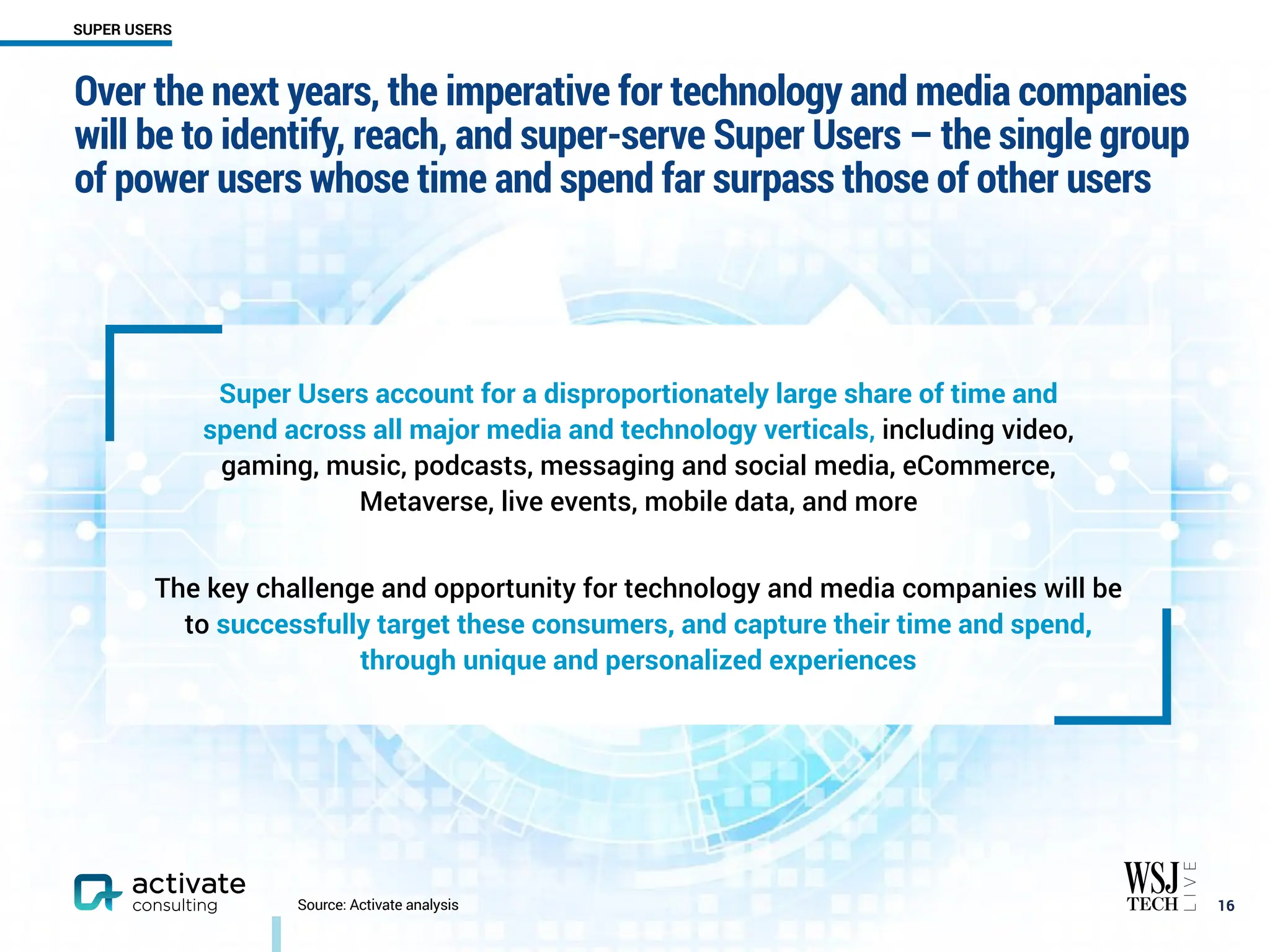 Over the next years, the imperative for technology and media companies
will be to identify, reach, and super-serve Super Users – the single group
of power users whose time and spend far surpass those of other users
￼
16
SUPER USERS
Source: Activate analysis
Super Users account for a disproportionately large share of time and
spend across all major media and technology verticals, including video,
gaming, music, podcasts, messaging and social media, eCommerce,
Metaverse, live events, mobile data, and more
The key challenge and opportunity for technology and media companies will be
to successfully target these consumers, and capture their time and spend,
through unique and personalized experiences
 