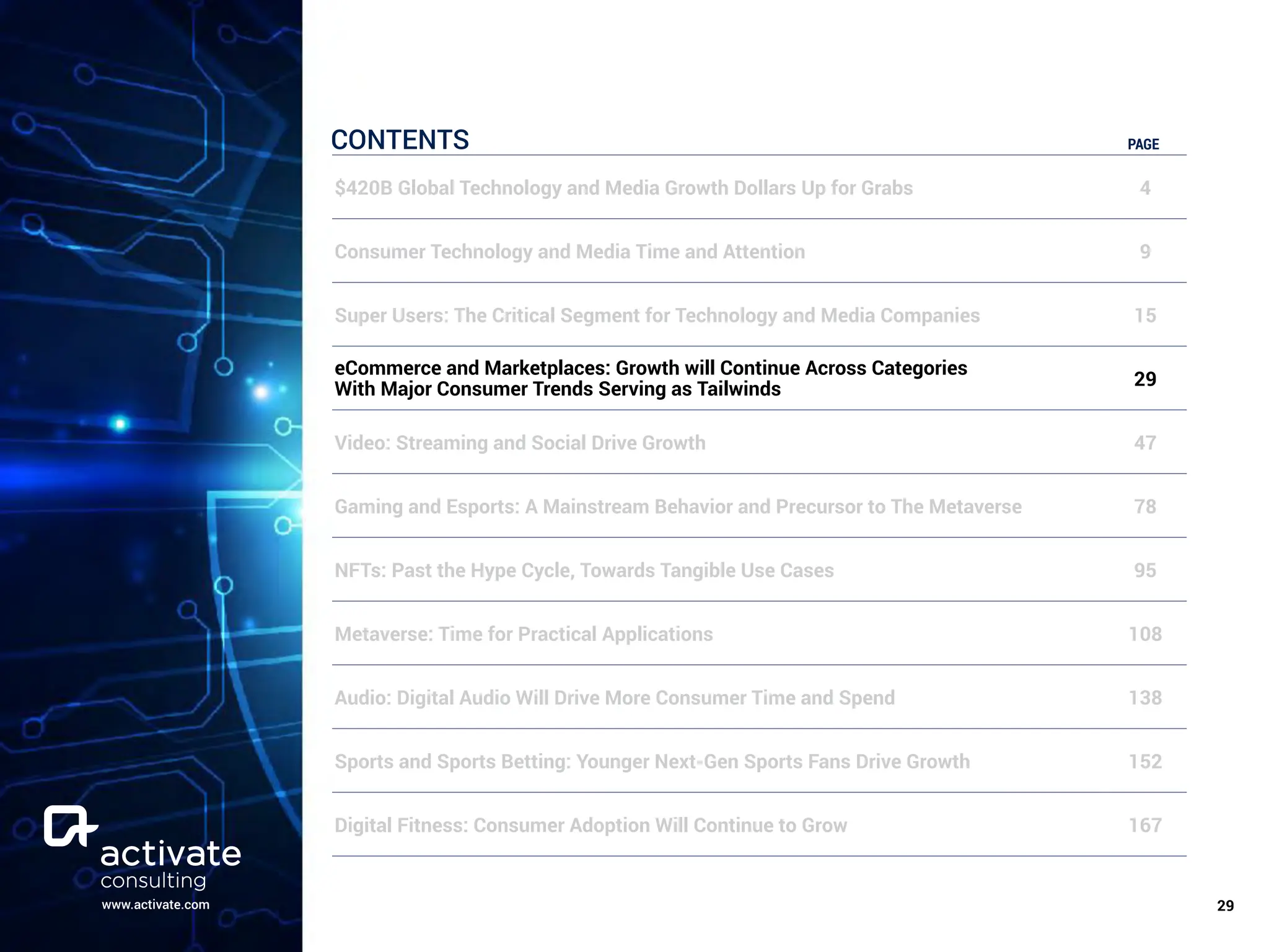 www.activate.com ￼
29
CONTENTS PAGE
$420B Global Technology and Media Growth Dollars Up for Grabs 4
Consumer Technology and Media Time and Attention 9
Super Users: The Critical Segment for Technology and Media Companies 15
eCommerce and Marketplaces: Growth will Continue Across Categories
With Major Consumer Trends Serving as Tailwinds 29
Video: Streaming and Social Drive Growth 47
Gaming and Esports: A Mainstream Behavior and Precursor to The Metaverse 78
NFTs: Past the Hype Cycle, Towards Tangible Use Cases 95
Metaverse: Time for Practical Applications 108
Audio: Digital Audio Will Drive More Consumer Time and Spend 138
Sports and Sports Betting: Younger Next-Gen Sports Fans Drive Growth 152
Digital Fitness: Consumer Adoption Will Continue to Grow 167
 