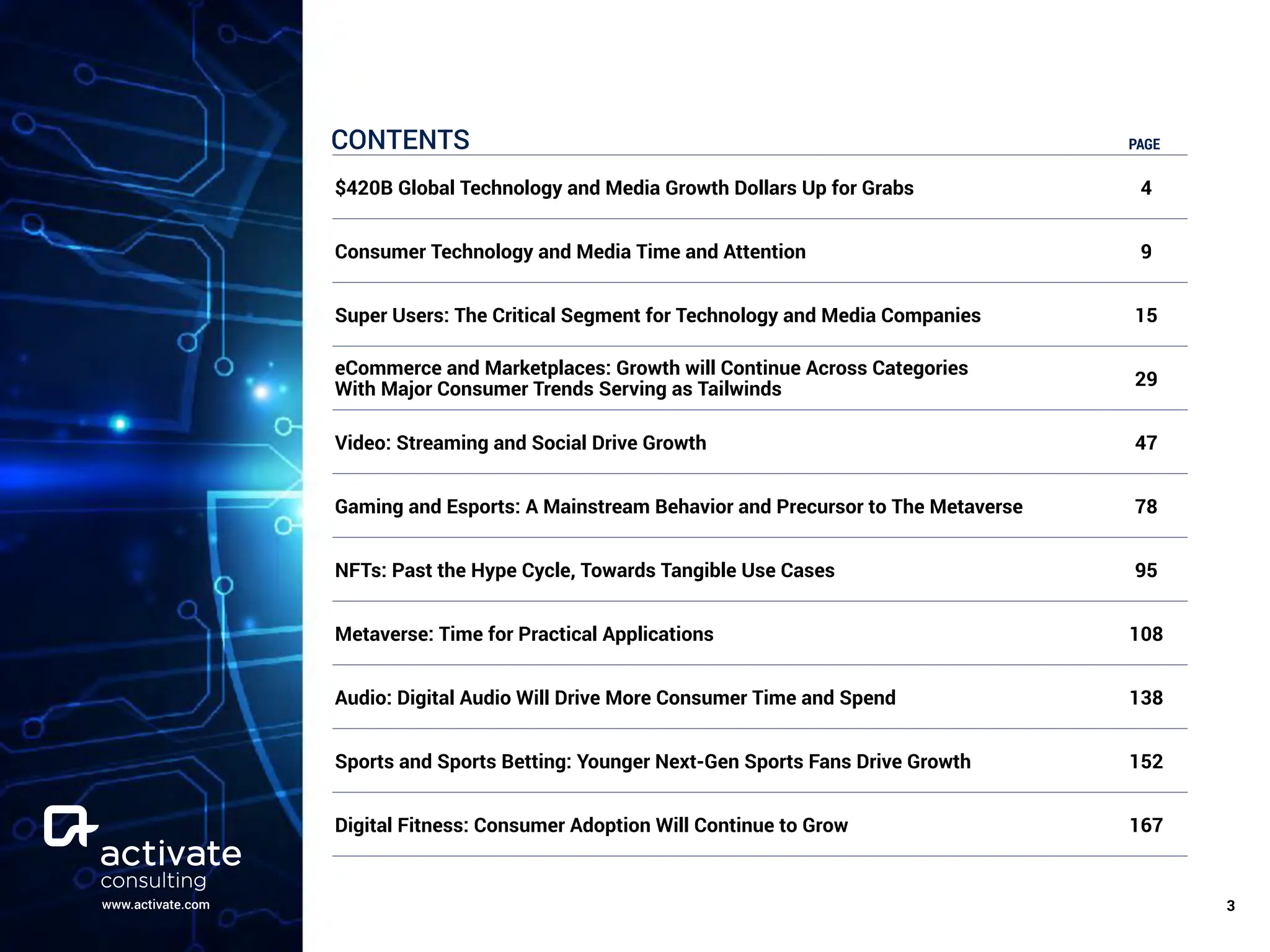 www.activate.com ￼
3
CONTENTS PAGE
$420B Global Technology and Media Growth Dollars Up for Grabs 4
Consumer Technology and Media Time and Attention 9
Super Users: The Critical Segment for Technology and Media Companies 15
eCommerce and Marketplaces: Growth will Continue Across Categories
With Major Consumer Trends Serving as Tailwinds 29
Video: Streaming and Social Drive Growth 47
Gaming and Esports: A Mainstream Behavior and Precursor to The Metaverse 78
NFTs: Past the Hype Cycle, Towards Tangible Use Cases 95
Metaverse: Time for Practical Applications 108
Audio: Digital Audio Will Drive More Consumer Time and Spend 138
Sports and Sports Betting: Younger Next-Gen Sports Fans Drive Growth 152
Digital Fitness: Consumer Adoption Will Continue to Grow 167
 