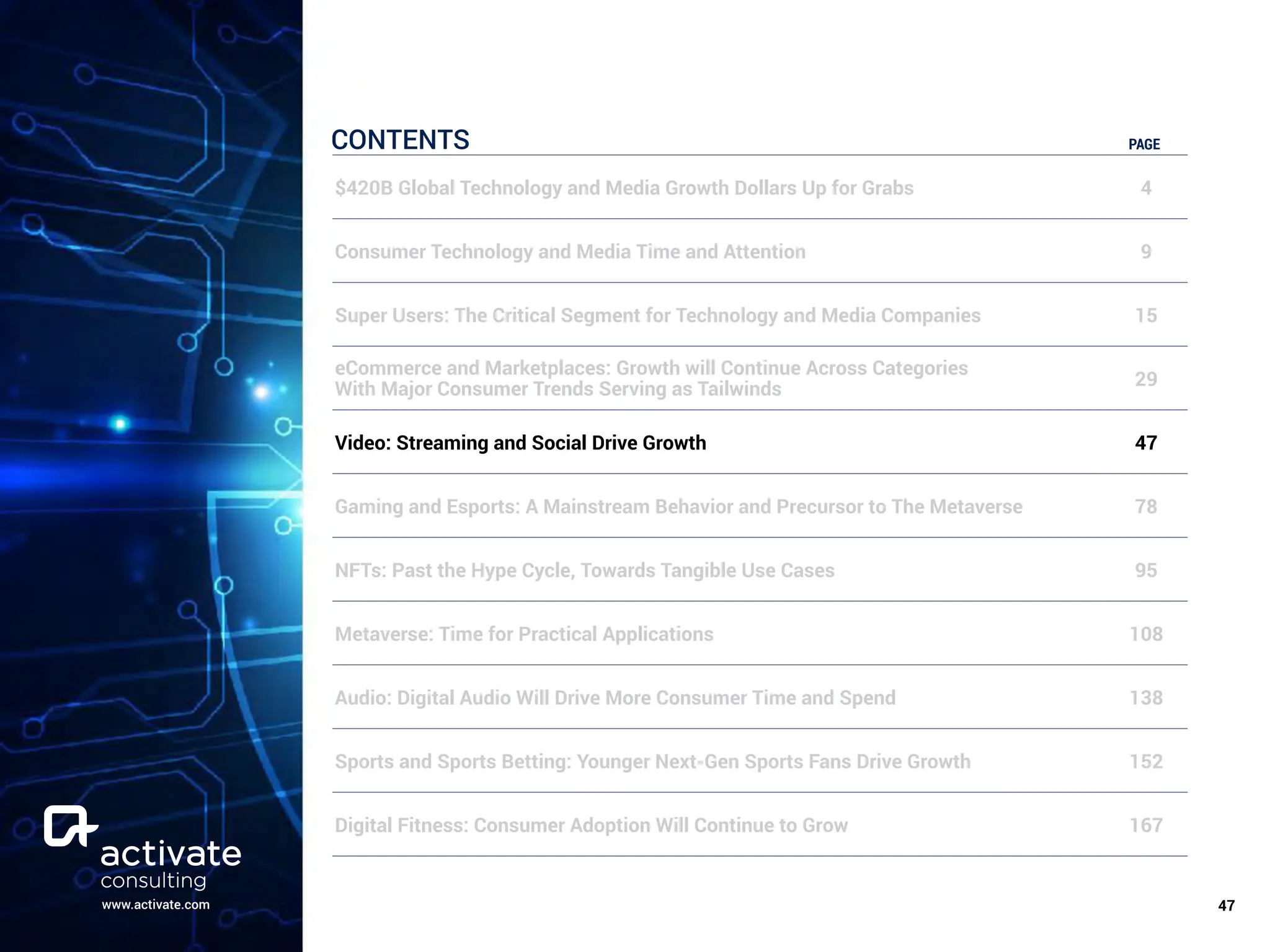 www.activate.com ￼
47
CONTENTS PAGE
$420B Global Technology and Media Growth Dollars Up for Grabs 4
Consumer Technology and Media Time and Attention 9
Super Users: The Critical Segment for Technology and Media Companies 15
eCommerce and Marketplaces: Growth will Continue Across Categories
With Major Consumer Trends Serving as Tailwinds 29
Video: Streaming and Social Drive Growth 47
Gaming and Esports: A Mainstream Behavior and Precursor to The Metaverse 78
NFTs: Past the Hype Cycle, Towards Tangible Use Cases 95
Metaverse: Time for Practical Applications 108
Audio: Digital Audio Will Drive More Consumer Time and Spend 138
Sports and Sports Betting: Younger Next-Gen Sports Fans Drive Growth 152
Digital Fitness: Consumer Adoption Will Continue to Grow 167
 