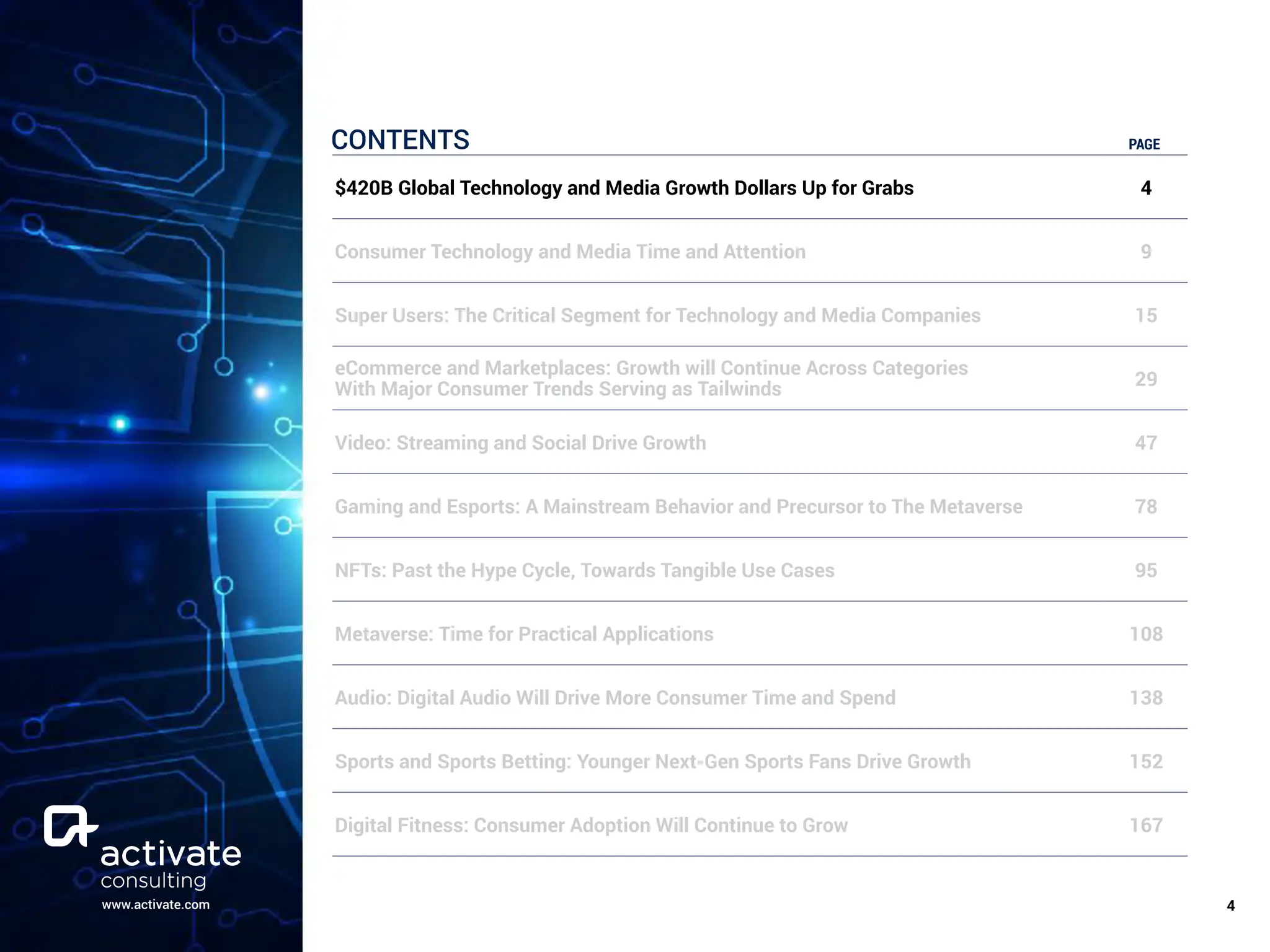 www.activate.com ￼
4
CONTENTS PAGE
$420B Global Technology and Media Growth Dollars Up for Grabs 4
Consumer Technology and Media Time and Attention 9
Super Users: The Critical Segment for Technology and Media Companies 15
eCommerce and Marketplaces: Growth will Continue Across Categories
With Major Consumer Trends Serving as Tailwinds 29
Video: Streaming and Social Drive Growth 47
Gaming and Esports: A Mainstream Behavior and Precursor to The Metaverse 78
NFTs: Past the Hype Cycle, Towards Tangible Use Cases 95
Metaverse: Time for Practical Applications 108
Audio: Digital Audio Will Drive More Consumer Time and Spend 138
Sports and Sports Betting: Younger Next-Gen Sports Fans Drive Growth 152
Digital Fitness: Consumer Adoption Will Continue to Grow 167
 
