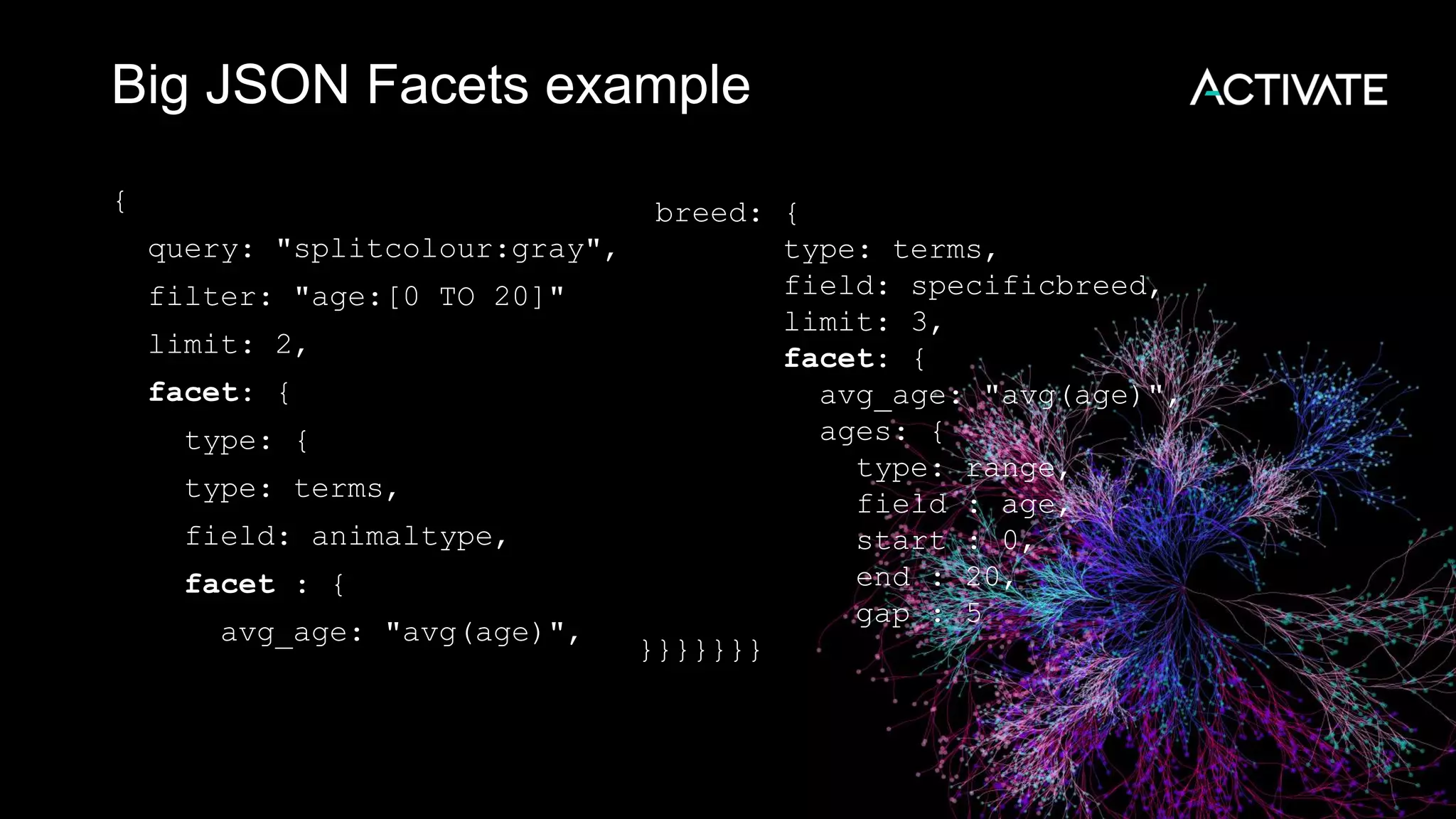Big JSON Facets example
{
query: "splitcolour:gray",
filter: "age:[0 TO 20]"
limit: 2,
facet: {
type: {
type: terms,
field: animaltype,
facet : {
avg_age: "avg(age)",
breed: {
type: terms,
field: specificbreed,
limit: 3,
facet: {
avg_age: "avg(age)",
ages: {
type: range,
field : age,
start : 0,
end : 20,
gap : 5
}}}}}}}
 