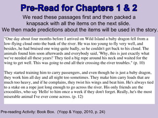 Pre-reading Activity: Book Box.  (Yopp & Yopp, 2010, p. 24) We read these passages first and then packed a  knapsack with all the items on the next slide.  We then made predictions about the items will be used in the story . 