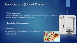 Applications (Liquid Phase)
 Water treatment:
Treatment of both industrial and municipal waste water By using activated
carbon as a filter in the filtration industry.
 Chemical and Pharmaceutical
Other Usage:
Use it as filters for the dialysis of poisons and drugs
Felts for wounds
5
 