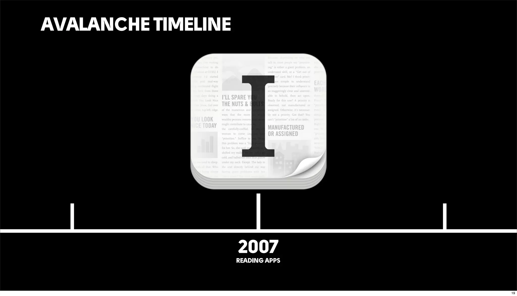 AVALANCHE TIMELINE
2007
READING APPS
19
 