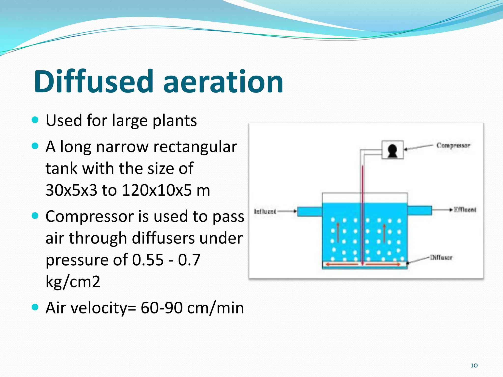 Diffused aeration
 Used for large plants
 A long narrow rectangular
tank with the size of
30x5x3 to 120x10x5 m
 Compressor is used to pass
air through diffusers under
pressure of 0.55 - 0.7
kg/cm2
 Air velocity= 60-90 cm/min
10
 