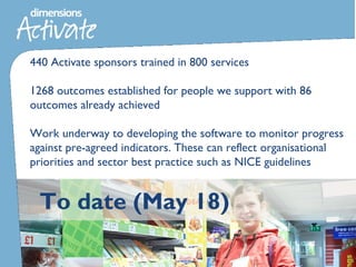To date (May 18)
440 Activate sponsors trained in 800 services
1268 outcomes established for people we support with 86
outcomes already achieved
Work underway to developing the software to monitor progress
against pre-agreed indicators. These can reflect organisational
priorities and sector best practice such as NICE guidelines
 