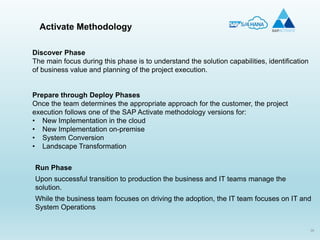 39
Discover Phase
The main focus during this phase is to understand the solution capabilities, identification
of business value and planning of the project execution.
Prepare through Deploy Phases
Once the team determines the appropriate approach for the customer, the project
execution follows one of the SAP Activate methodology versions for:
• New Implementation in the cloud
• New Implementation on-premise
• System Conversion
• Landscape Transformation
Run Phase
Upon successful transition to production the business and IT teams manage the
solution.
While the business team focuses on driving the adoption, the IT team focuses on IT and
System Operations
Activate Methodology
 