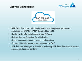 52
• SAP Best Practices including business and integration processes
optimized for SAP S/4HANA Cloud edition1511.
• Starter system for initial scoping and fit / gap
• Self-service configuration for initial setup
• Scope extensions through expert configuration
• Content Lifecycle Management enabled by SAP
• SAP Solution Manager in the cloud including SAP Best Practices business
process and project content
Activate Methodology
 