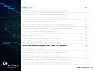 www.activate.com 129
PAGE
$300 Billion Global Internet and Media Growth Dollars by 2023 4
Consumer Attention: 12:40 Hours of Technology & Media Per Day 9
Super Users: The Imperative for Technology & Media Companies 13
Social Splinter: The Social Media World Expands 27
eCommerce: Shrinking the Divide Between Physical and Digital Shopping 41
Digital Marketplaces: New Inventory, Price, Transparency, Ease of Use 60
Video Gaming: The Next Streaming Battlefront 71
Esports: Sport of the Future 84
Video: Streaming Stacking, Battleground Households 94
Sports Betting: The Next Big Financial Trading Market 117
Sports: More Viewing, Emerging Sports, Better Fan Experiences 129
Music: The Discovery Challenge 138
Podcasting: New Listening Experiences and Explosive Growth 146
The Networked Body: Quantiﬁed and Connected Human 159
Digital Consumer Finance: Next Generation Services Go Mainstream 169
Connectivity: Enabling the Next Wave of Technology and Media Growth 182
CONTENTS
 